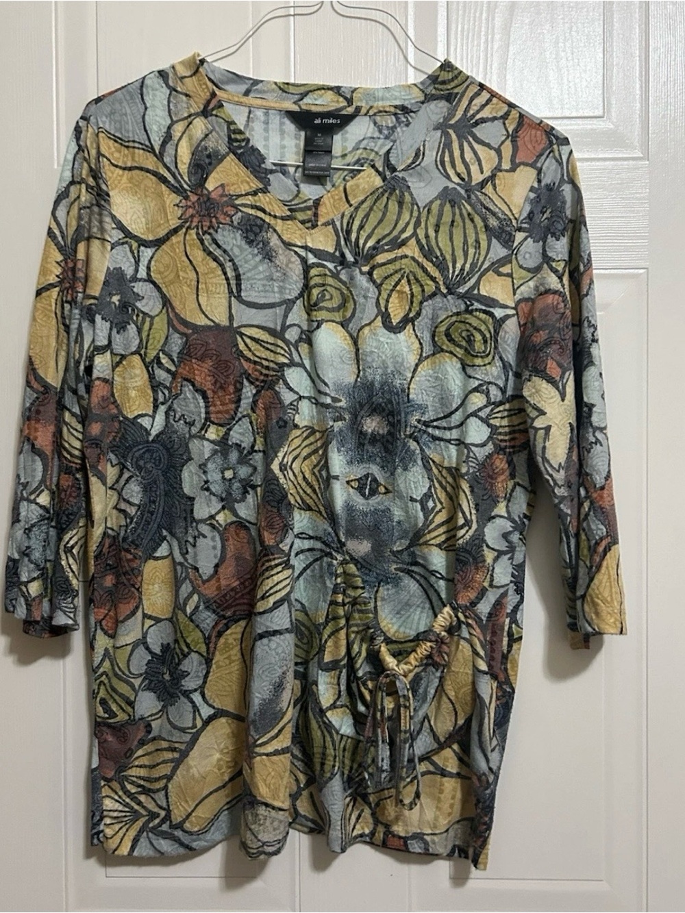 Ali Miles Floral Drawstring V-Neck Tunic Top in Multi-Color